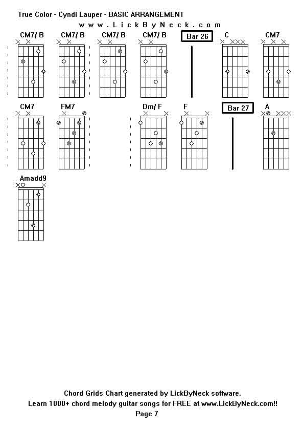 Chord Grids Chart of chord melody fingerstyle guitar song-True Color - Cyndi Lauper - BASIC ARRANGEMENT,generated by LickByNeck software.